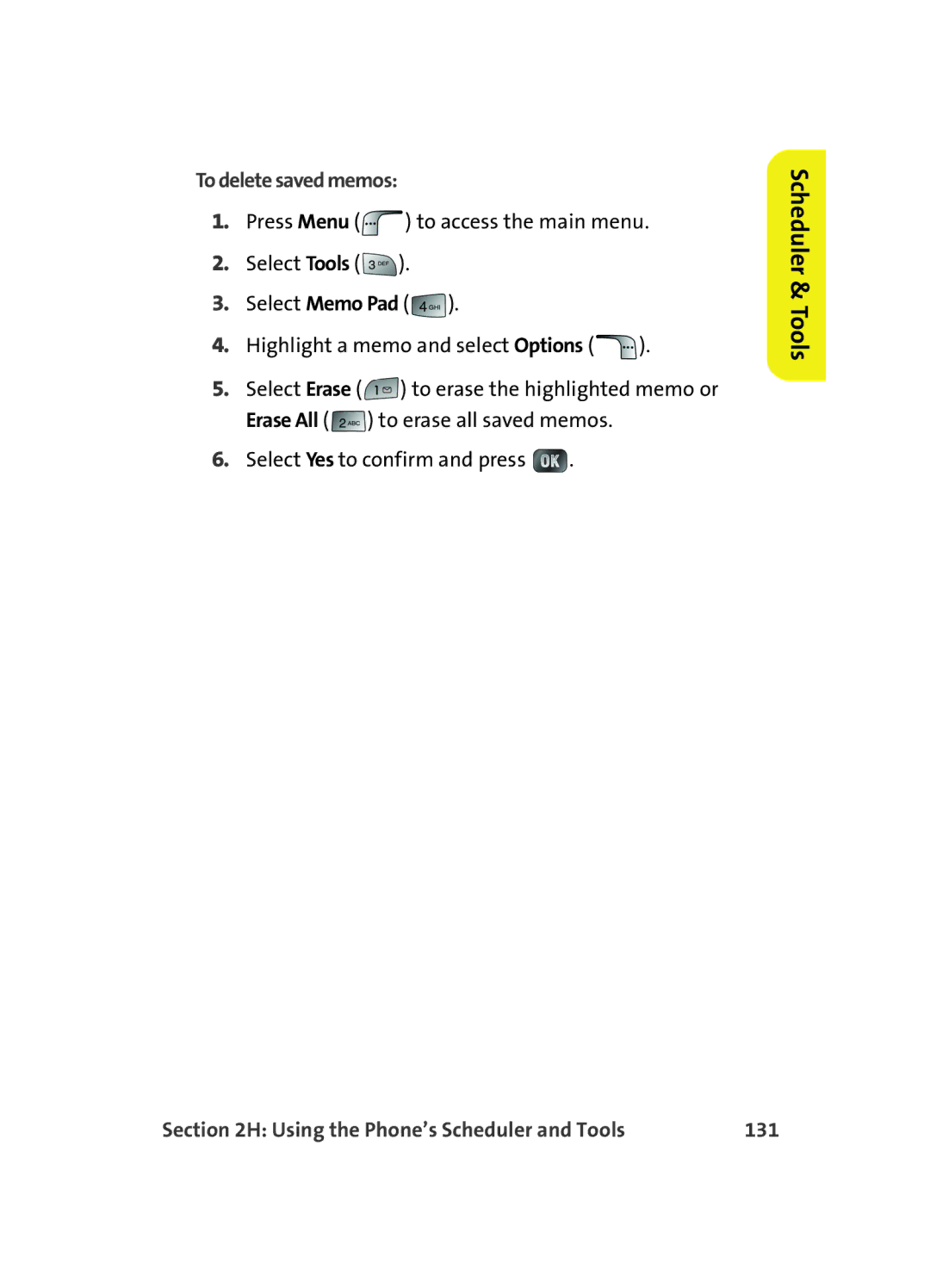 Samsung MM A880 manual To delete saved memos, Using the Phone’s Scheduler and Tools 131 