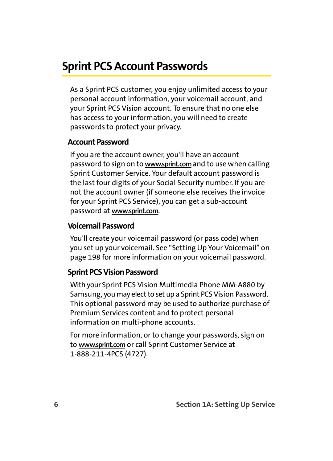 Samsung MM A880 manual Sprint PCS Account Passwords, Account Password Voicemail Password, Sprint PCS Vision Password 