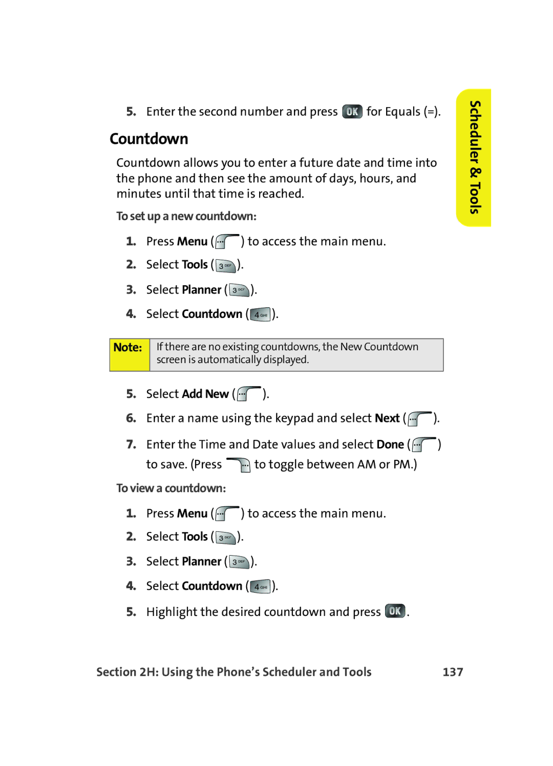 Samsung MM A880 manual Countdown, To set up a new countdown, To view a countdown, Using the Phone’s Scheduler and Tools 137 