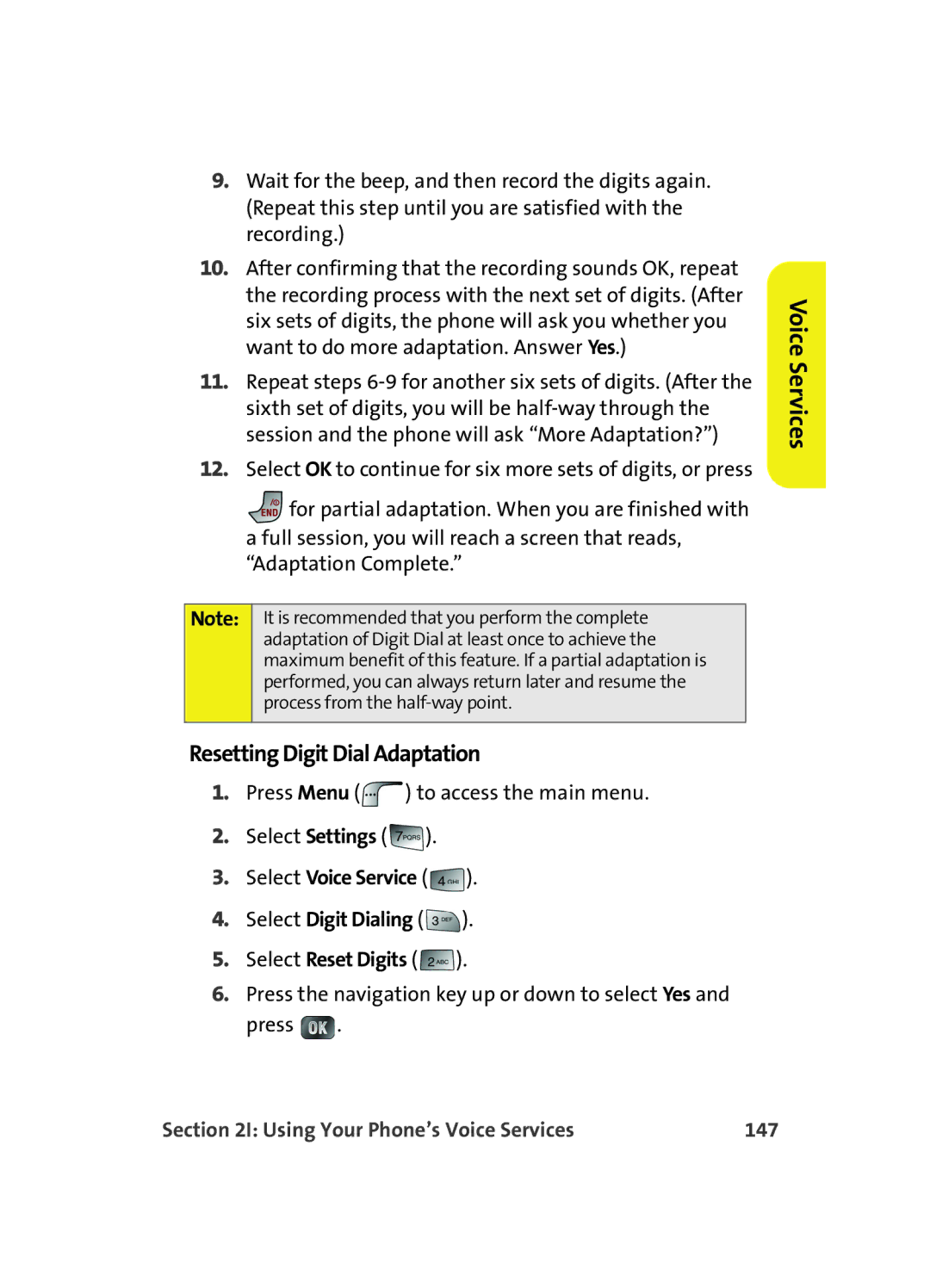 Samsung MM A880 manual Voice Services Resetting Digit Dial Adaptation, Using Your Phone’s Voice Services 147 