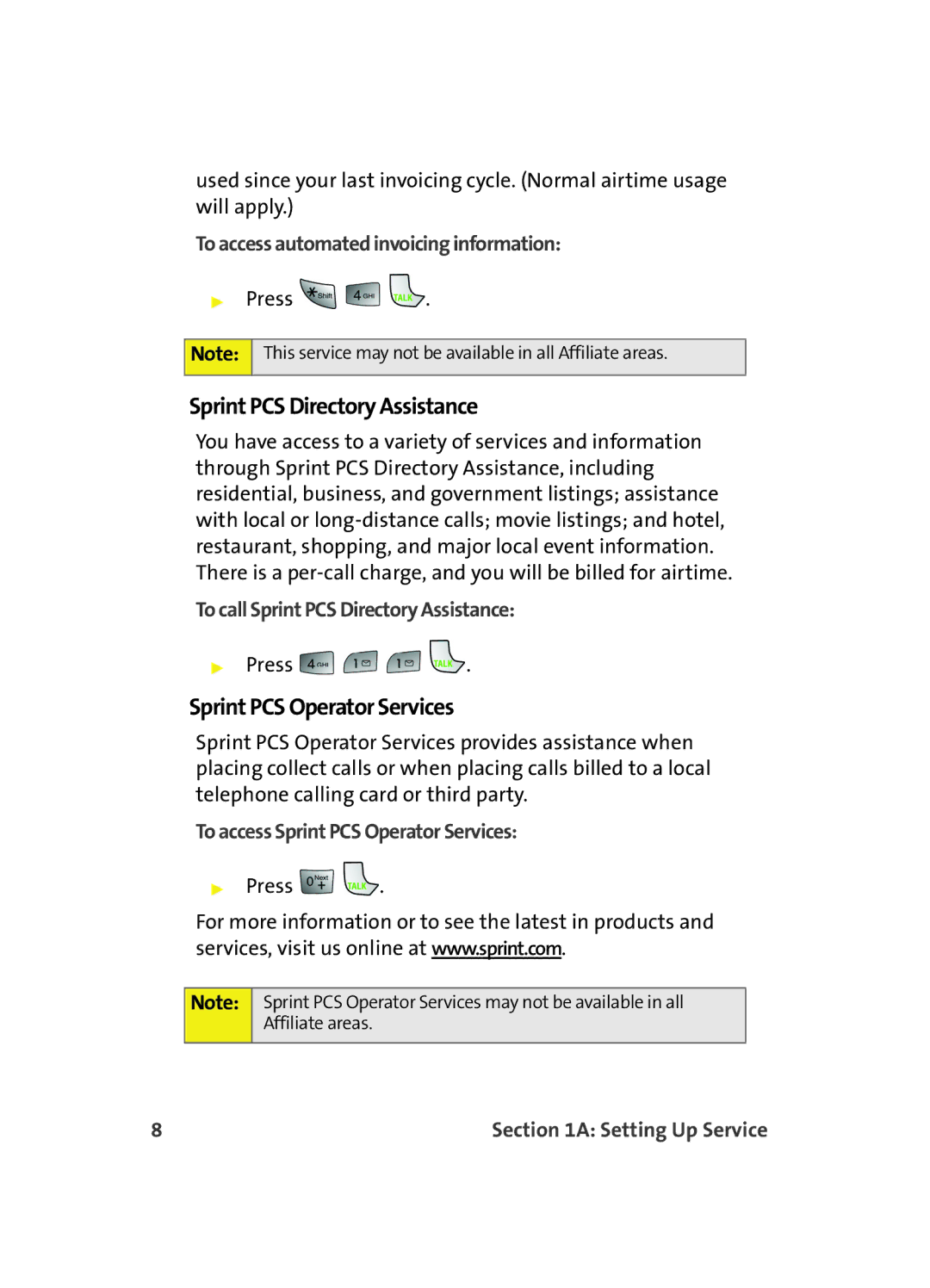 Samsung MM A880 Sprint PCS Directory Assistance, Sprint PCS Operator Services, To access automated invoicing information 