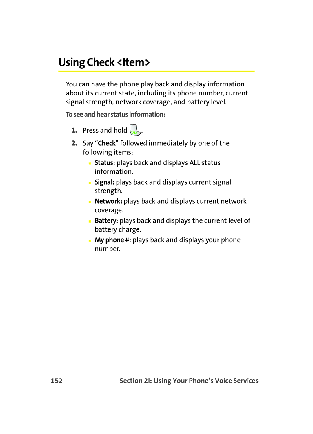 Samsung MM A880 manual Using Check Item, To see and hear status information, 152 