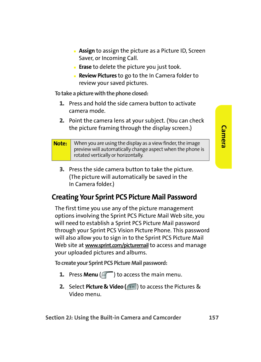 Samsung MM A880 manual Creating Your Sprint PCS Picture Mail Password, To take a picture with the phone closed, 157 