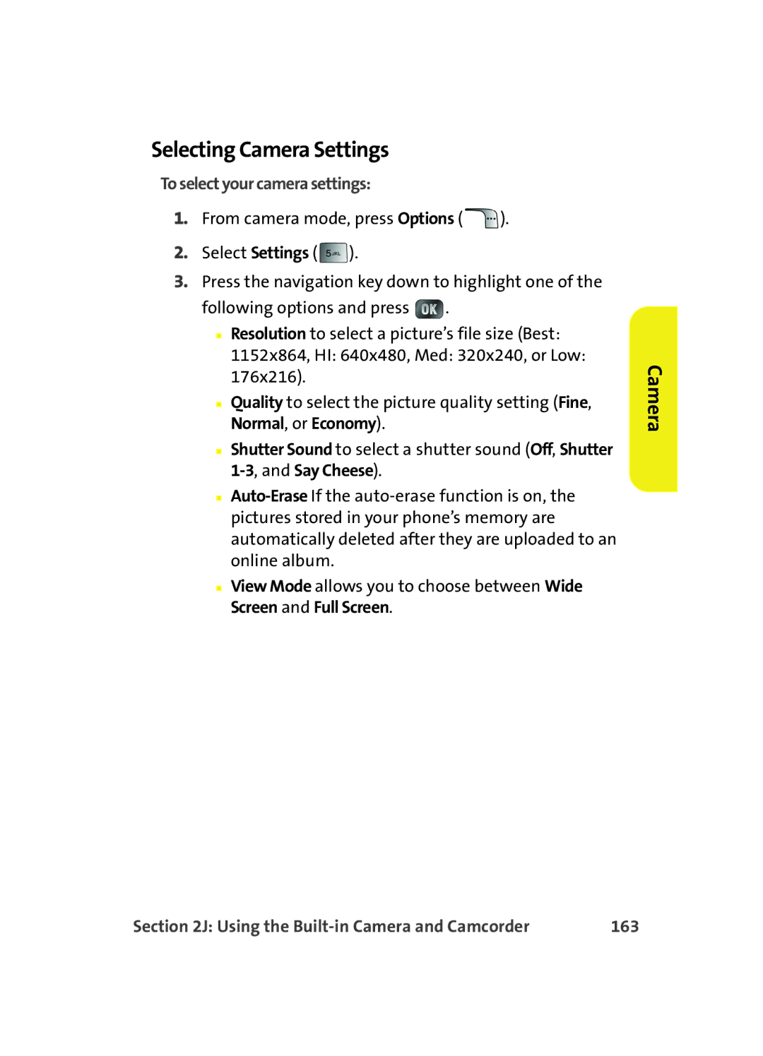 Samsung MM A880 manual Selecting Camera Settings, To select your camera settings, 163 