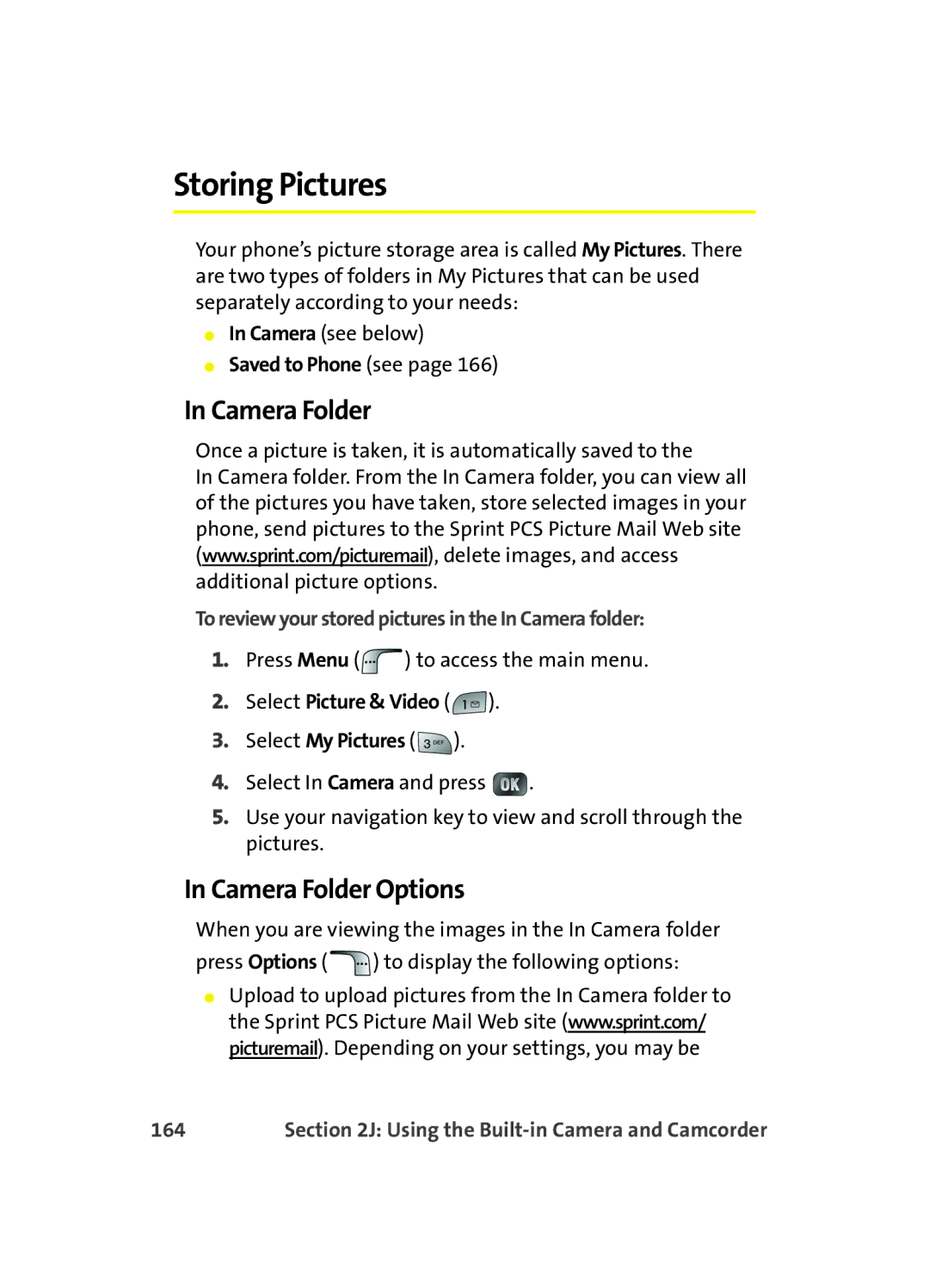 Samsung MM A880 Storing Pictures, Camera Folder Options, To review your stored pictures in the In Camera folder, 164 