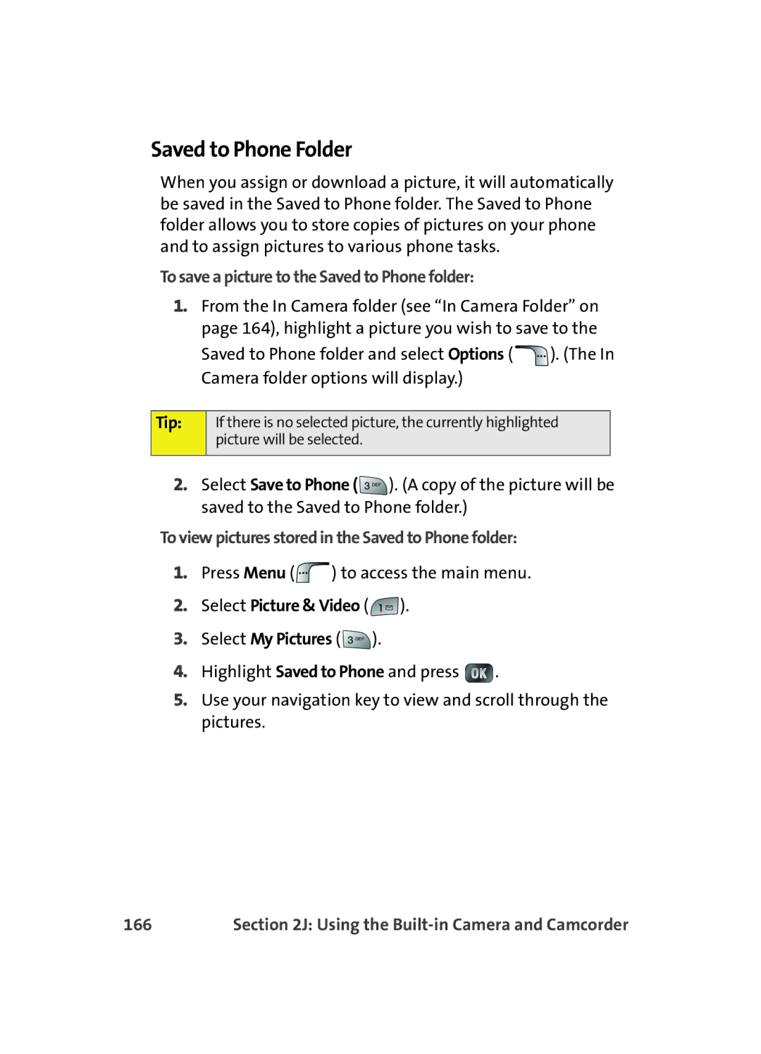 Samsung MM A880 manual Saved to Phone Folder, To save a picture to the Saved to Phone folder, 166 