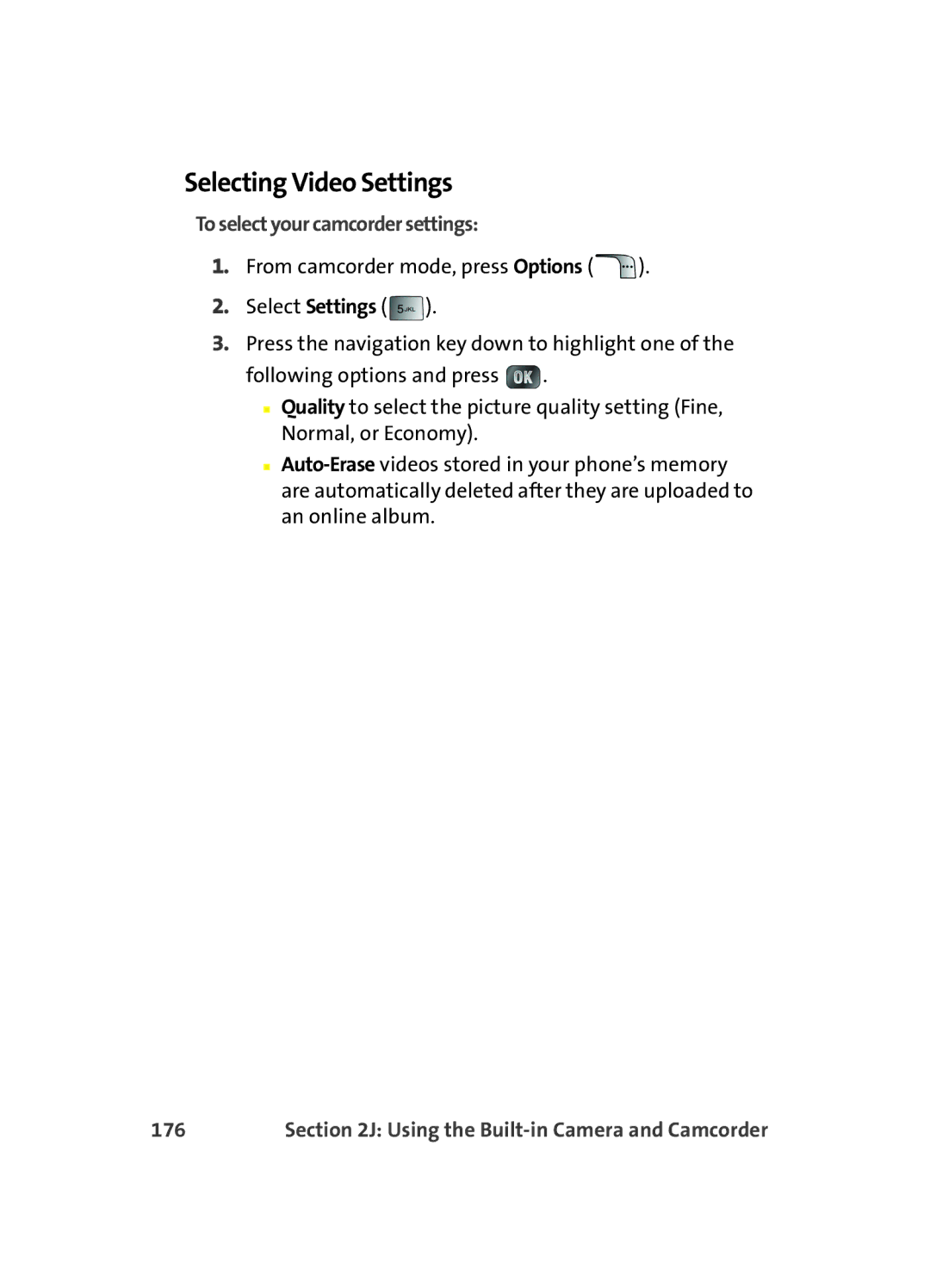 Samsung MM A880 manual Selecting Video Settings, To select your camcorder settings, 176 