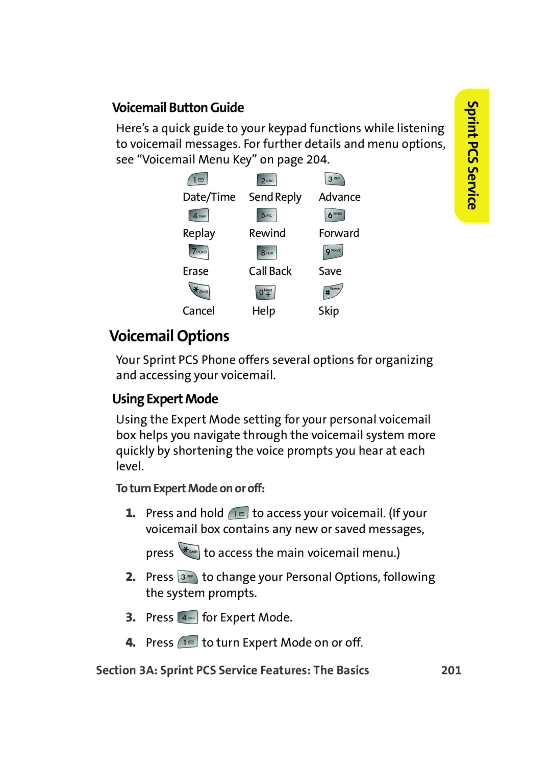 Samsung MM A880 manual Voicemail Options, Voicemail Button Guide, Using Expert Mode, To turn Expert Mode on or off, 201 