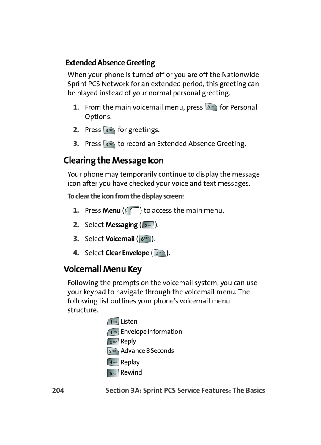 Samsung MM A880 manual Clearing the Message Icon, Voicemail Menu Key, Extended Absence Greeting, 204 