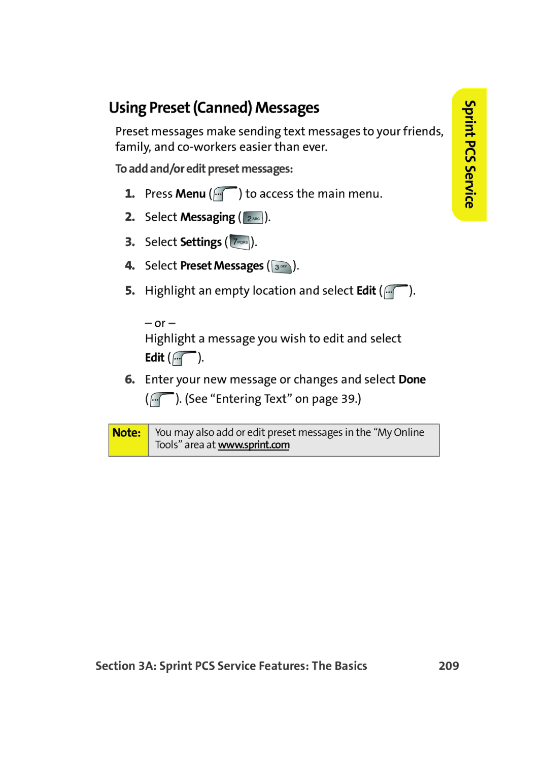 Samsung MM A880 manual Using Preset Canned Messages, To add and/or edit preset messages, Select Preset Messages, Edit, 209 