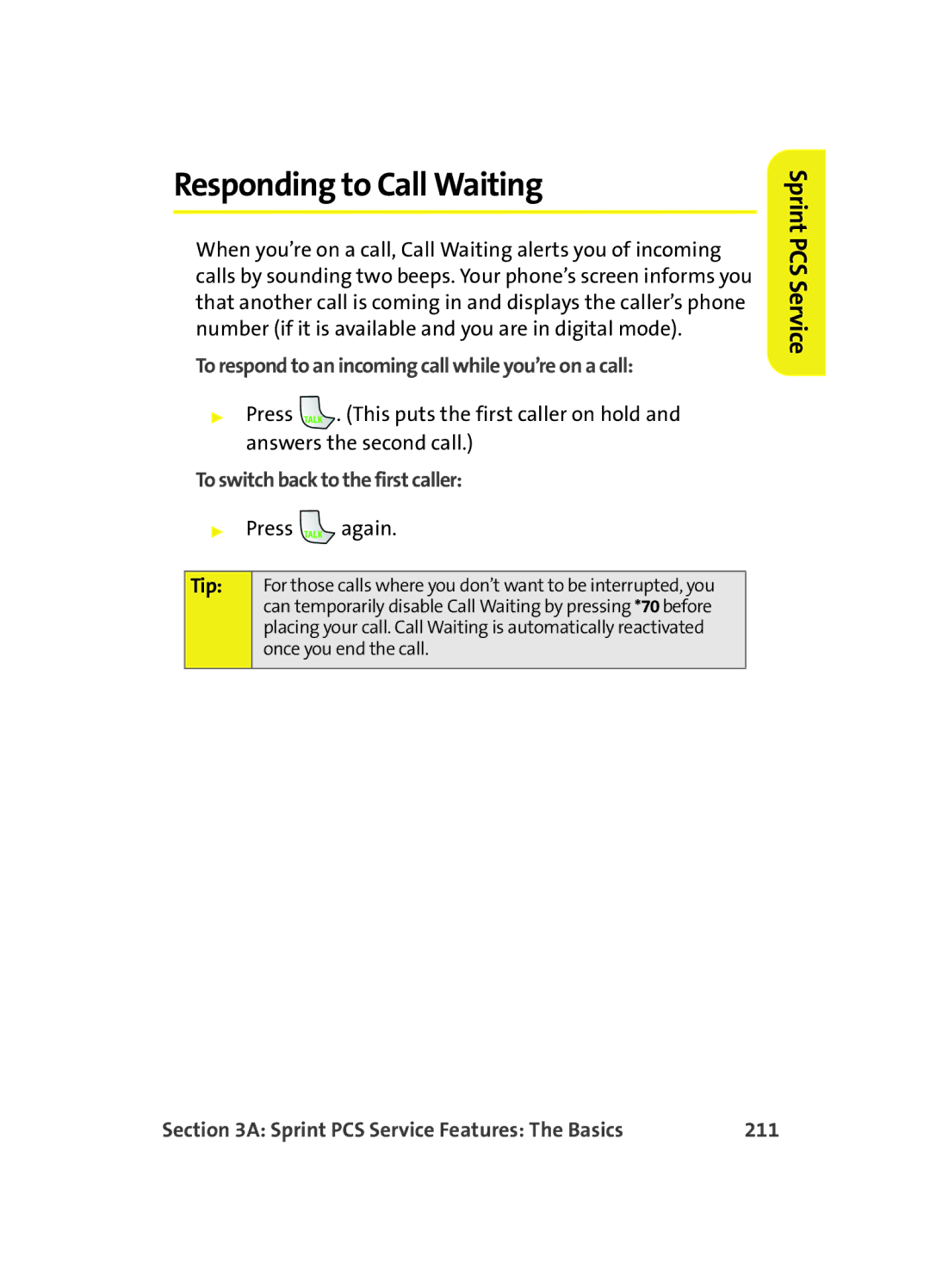 Samsung MM A880 manual Responding to Call Waiting, To respond to an incoming call while you’re on a call, 211 