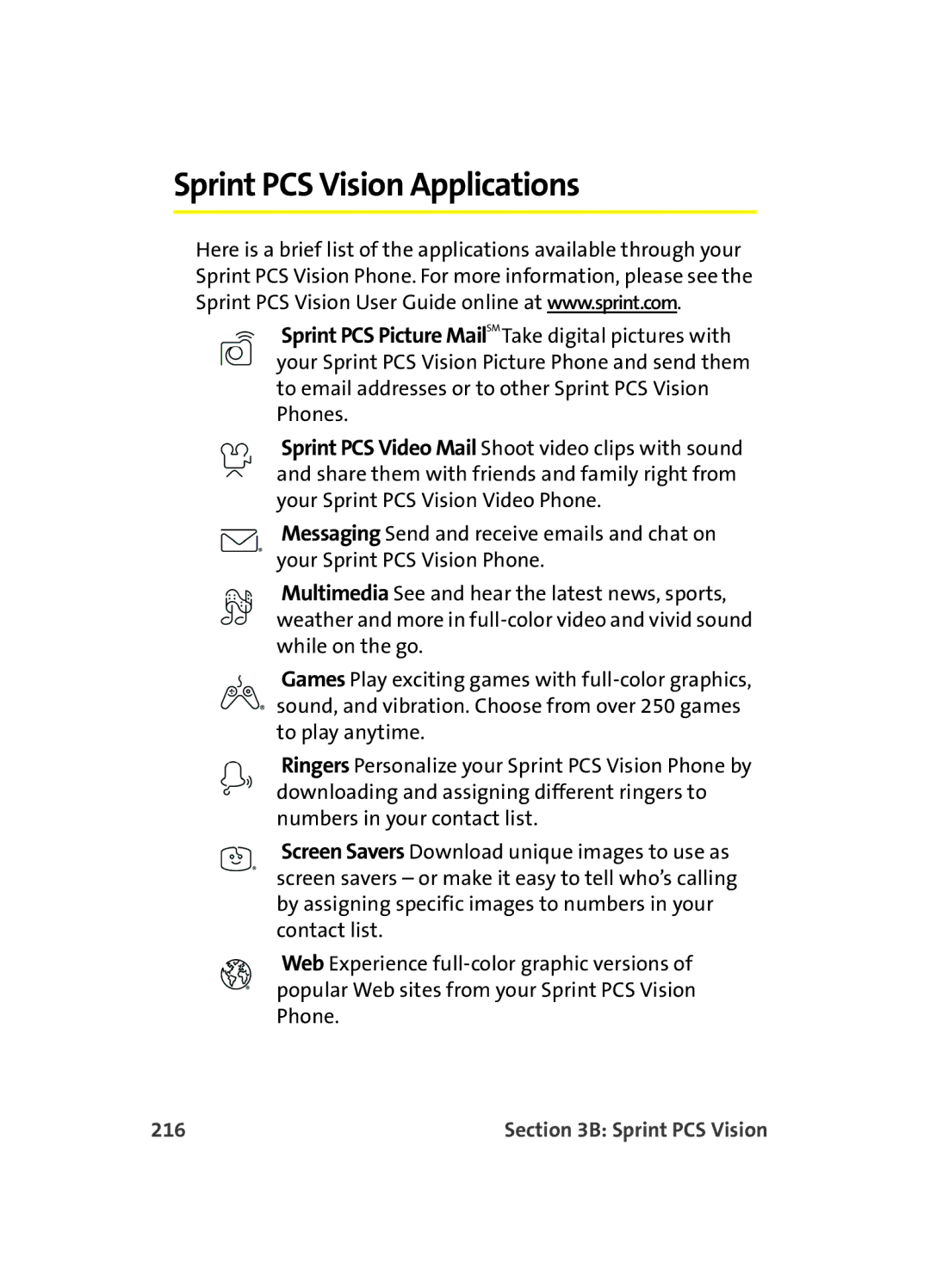 Samsung MM A880 manual Sprint PCS Vision Applications, 216 