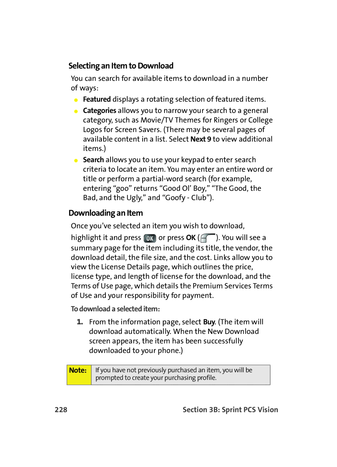 Samsung MM A880 manual Selecting an Item to Download, Downloading an Item, To download a selected item, 228 