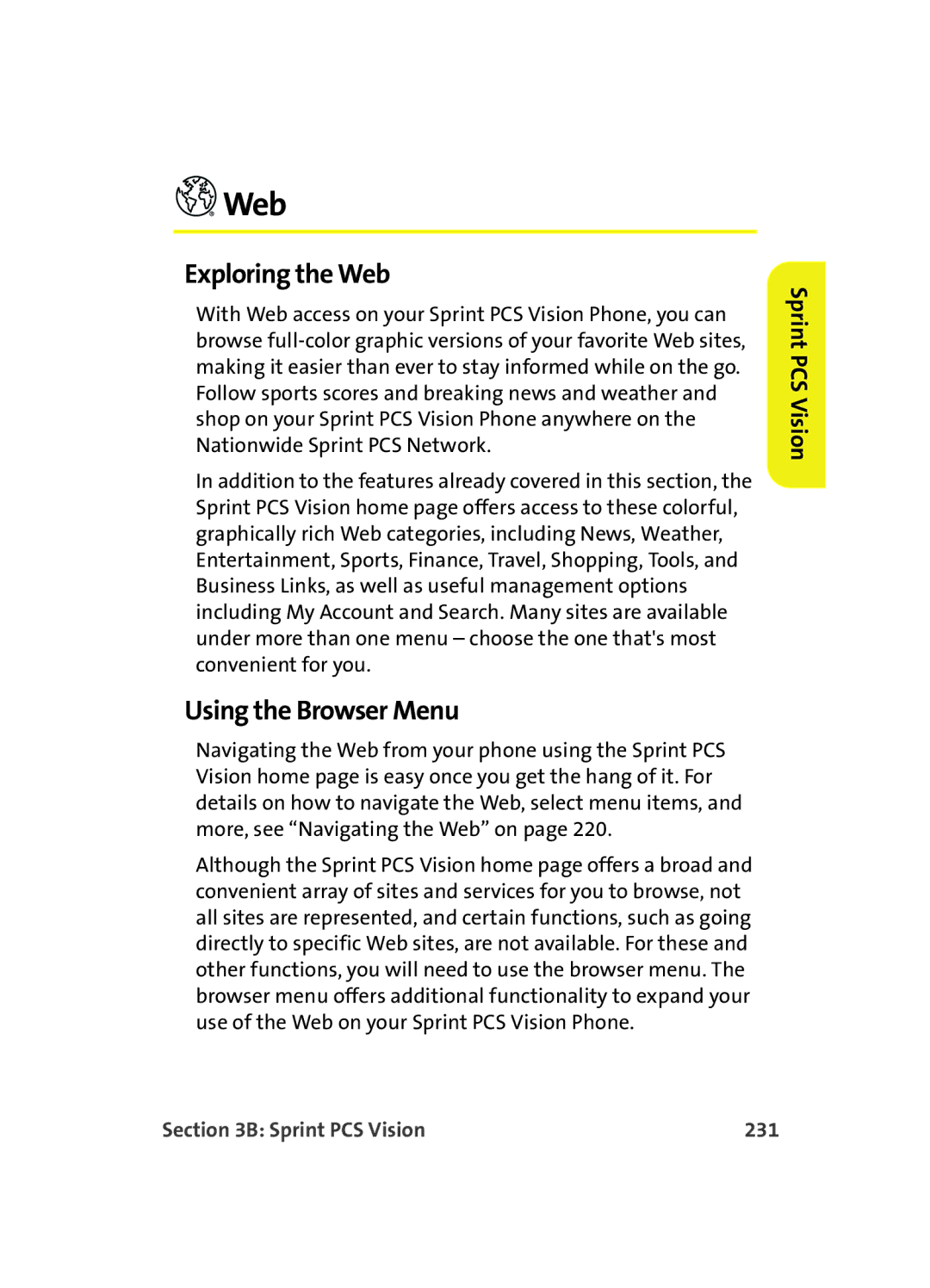 Samsung MM A880 manual Exploring the Web, Using the Browser Menu, Sprint PCS Vision 231 