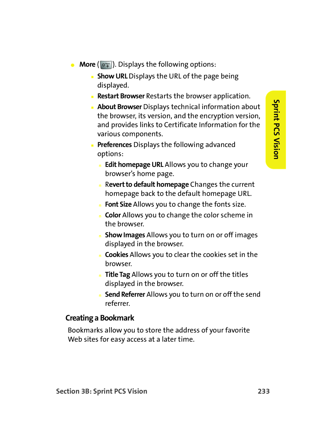 Samsung MM A880 manual Creating a Bookmark, Sprint PCS Vision 233 