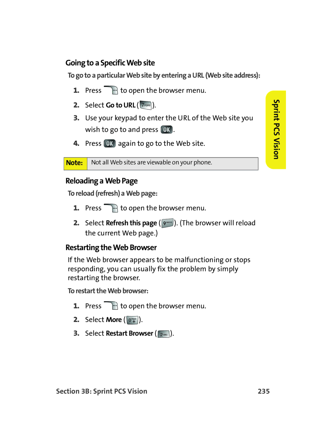 Samsung MM A880 manual Going to a Specific Web site, Reloading a Web, Restarting the Web Browser 