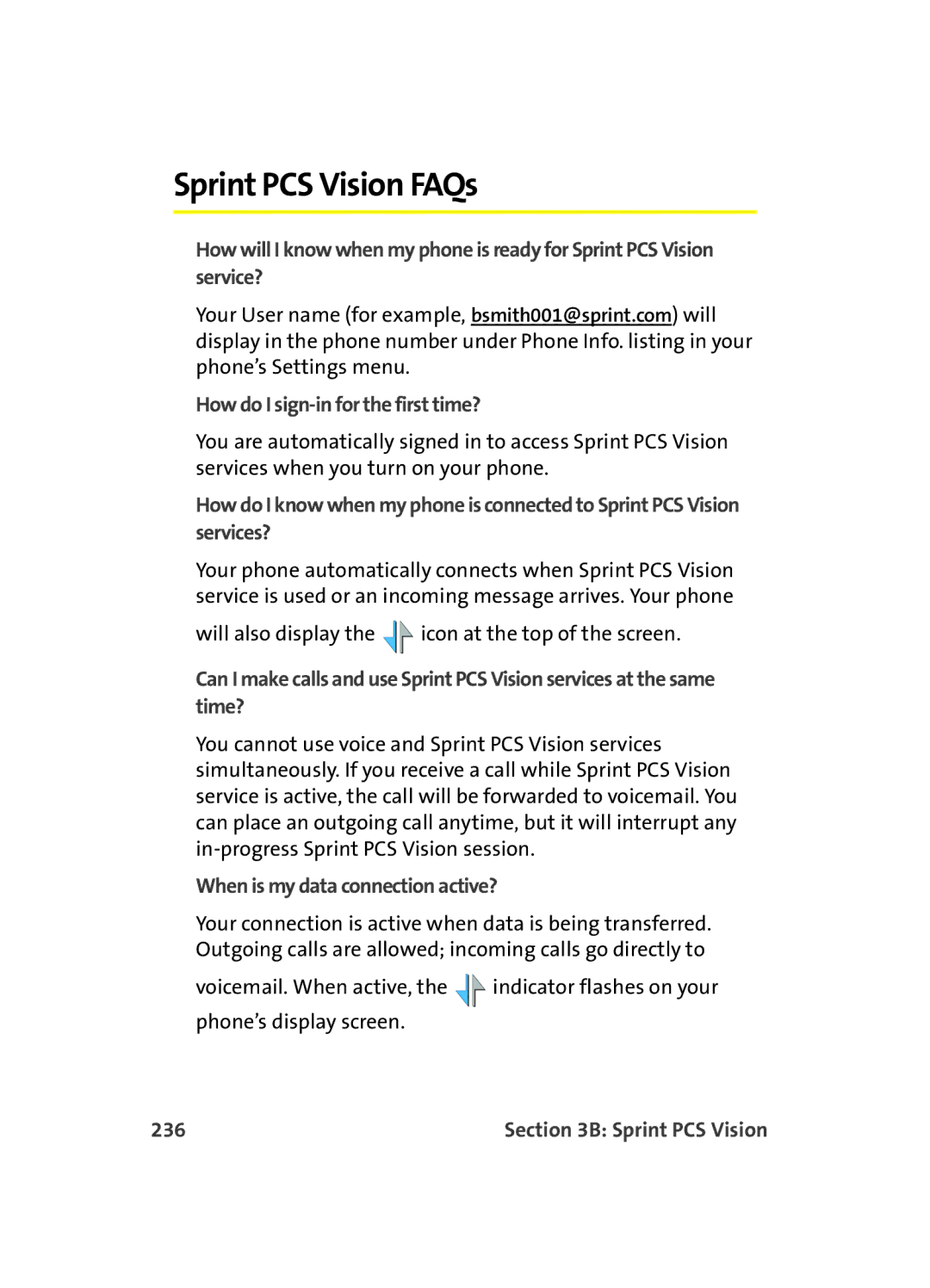 Samsung MM A880 manual Sprint PCS Vision FAQs, When is my data connection active?, 236 