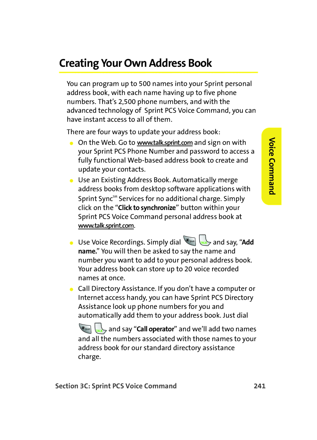 Samsung MM A880 manual Creating Your Own Address Book, Sprint PCS Voice Command 241 