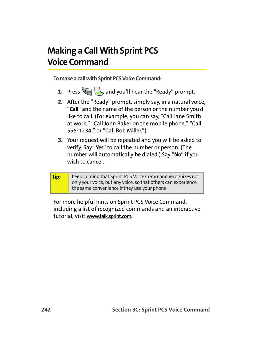 Samsung MM A880 manual Making a Call With Sprint PCS Voice Command, To make a call with Sprint PCS Voice Command, 242 