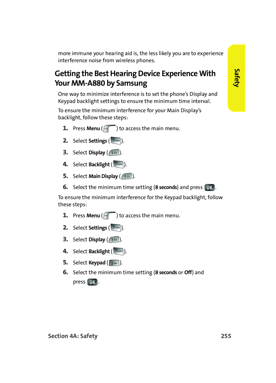 Samsung MM A880 manual Safety 255, Select Main Display 