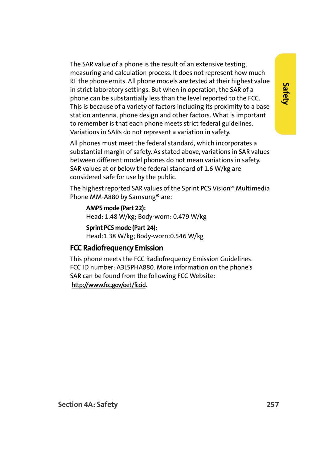Samsung MM A880 manual FCC Radiofrequency Emission, Safety 257 