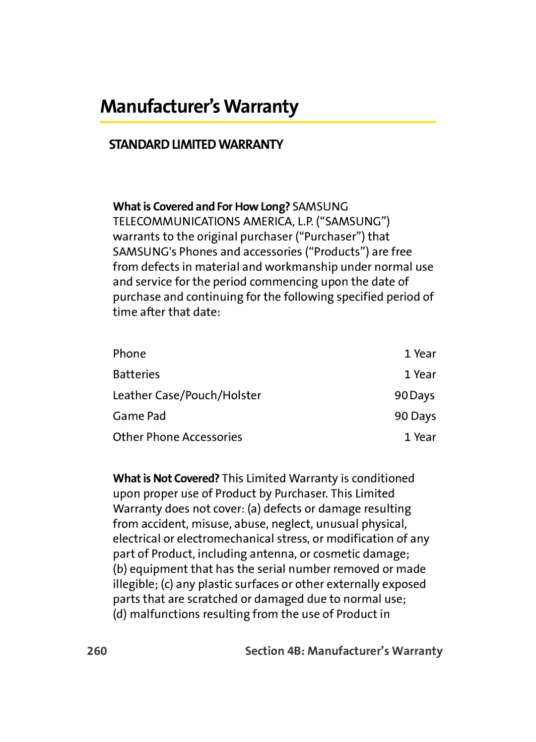 Samsung MM A880 manual Standard Limited Warranty, 260 