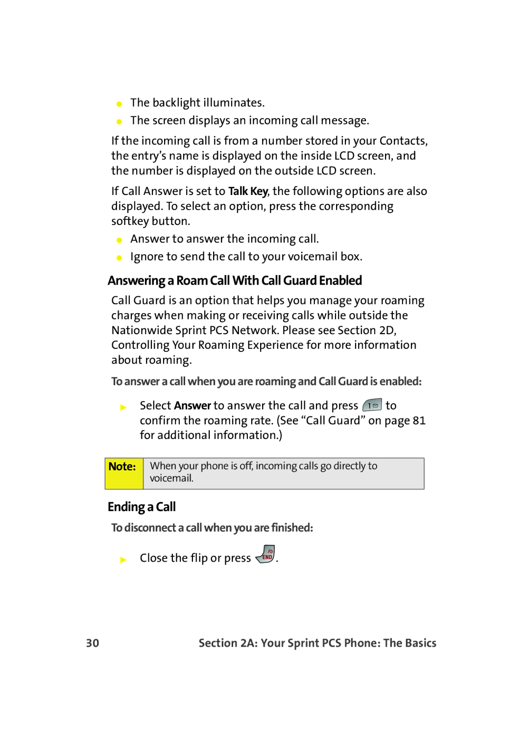 Samsung MM A880 Answering a Roam Call With Call Guard Enabled, Ending a Call, To disconnect a call when you are finished 