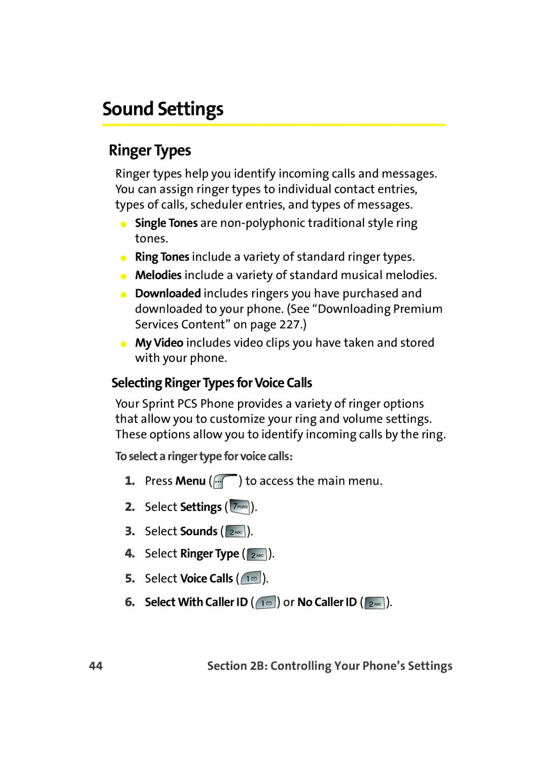 Samsung MM A880 manual Sound Settings, Selecting Ringer Types for Voice Calls, To select a ringer type for voice calls 