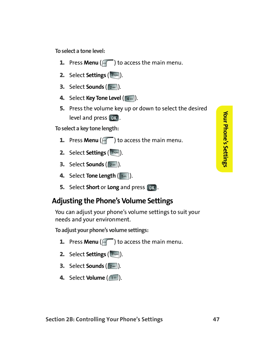 Samsung MM A880 manual Adjusting the Phone’s Volume Settings, To select a tone level, To select a key tone length 