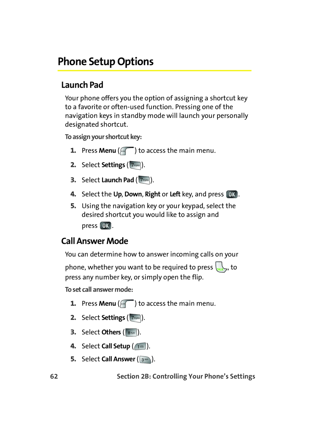 Samsung MM A880 Phone Setup Options, Launch Pad, Call Answer Mode, To assign your shortcut key, To set call answer mode 