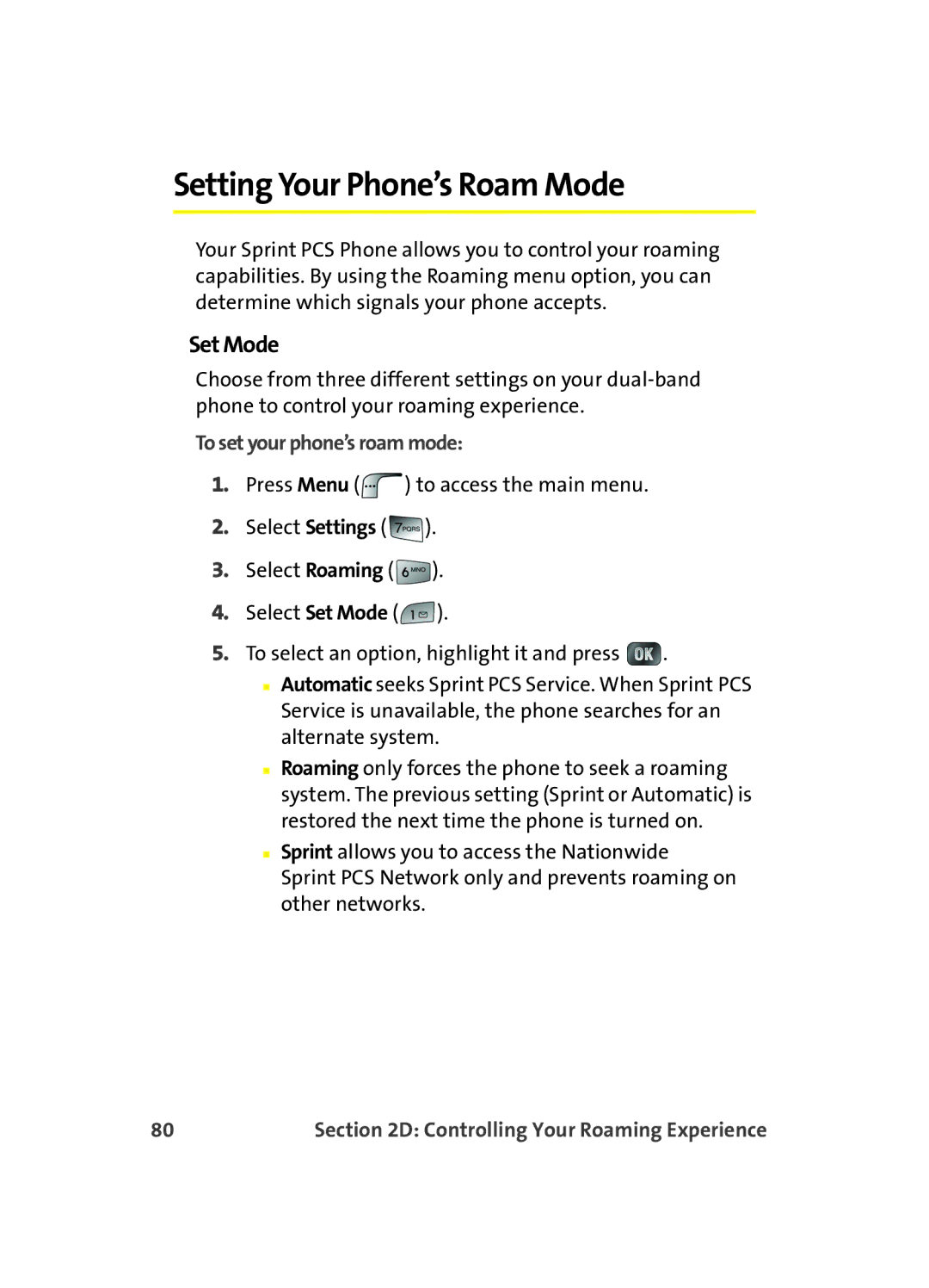 Samsung MM A880 manual Setting Your Phone’s Roam Mode, Set Mode, To set your phone’s roam mode 