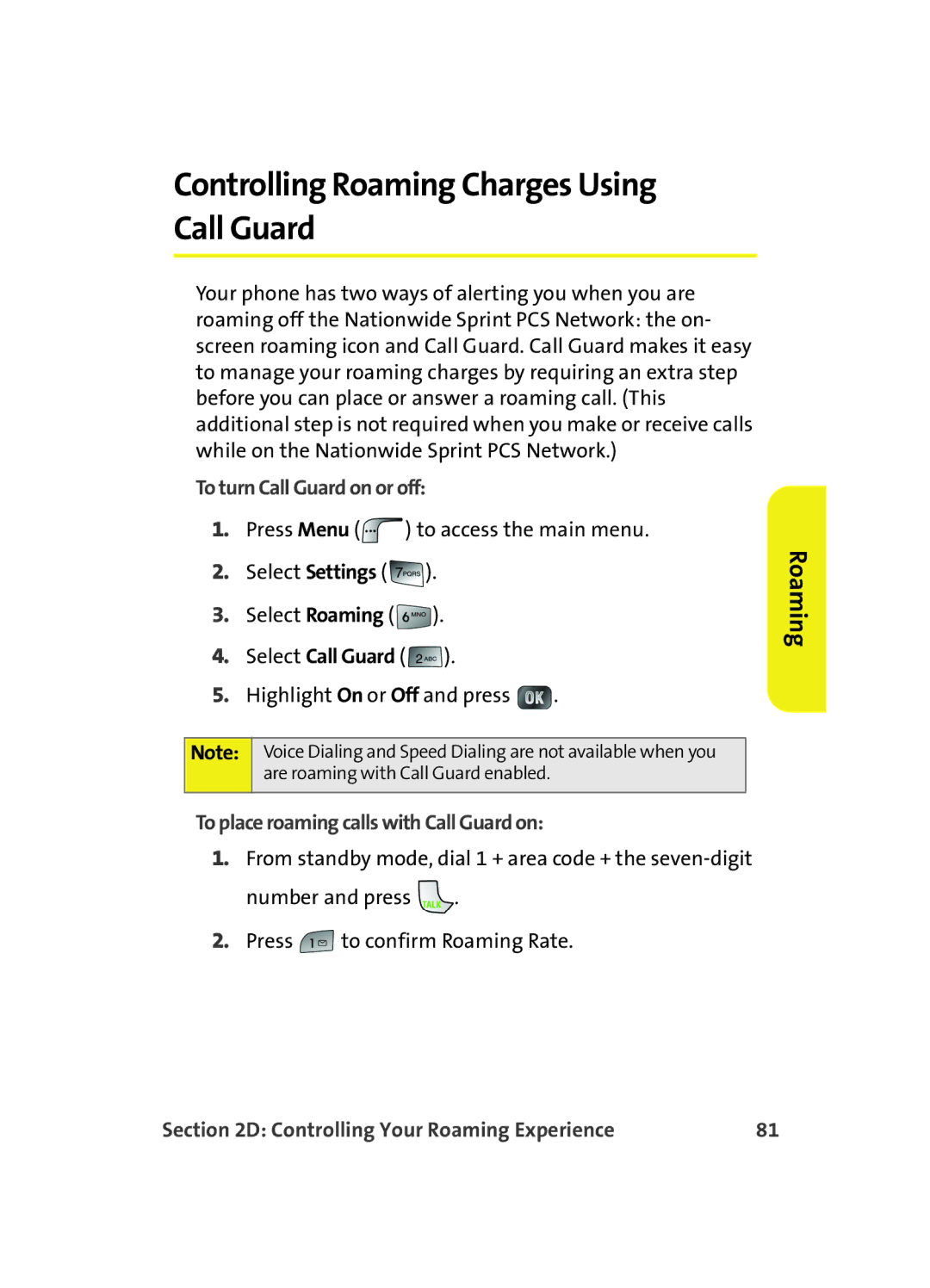 Samsung MM A880 manual Controlling Roaming Charges Using Call Guard, To turn Call Guard on or off 