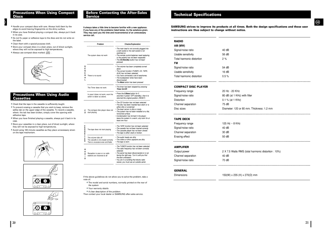 Samsung MMB3LH/OMX, MM-B3, MMB3LH/ELS manual Precautions When Using Compact Discs, Before Contacting the After-Sales Service 