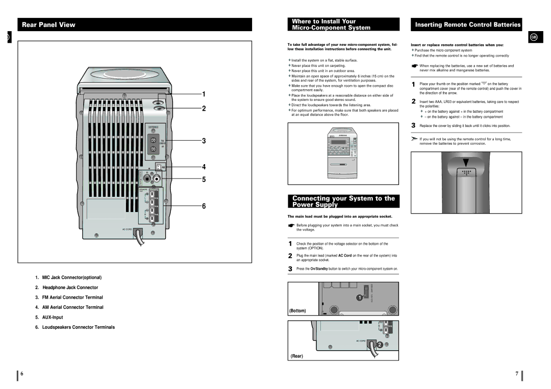 Samsung MMB3LH/ELS manual Rear Panel View, Where to Install Your Micro-Component System, Inserting Remote Control Batteries 