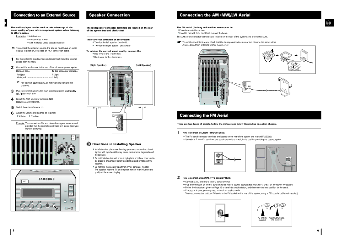 Samsung MMB3LH/OMX, MM-B3, MMB3LH/ELS Connecting to an External Source, Speaker Connection, Connecting the AM MW/LW Aerial 