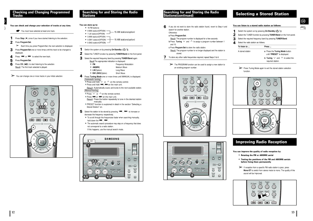 Samsung MMB3LH/ELS, MM-B3 manual Selecting a Stored Station, Improving Radio Reception, Press and hold On the main unit 