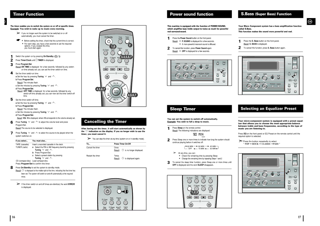 Samsung MM-B3, MMB3LH/ELS, MMB3LH/OMX Timer Function, Power sound function, Cancelling the Timer, Bass Super Bass Function 