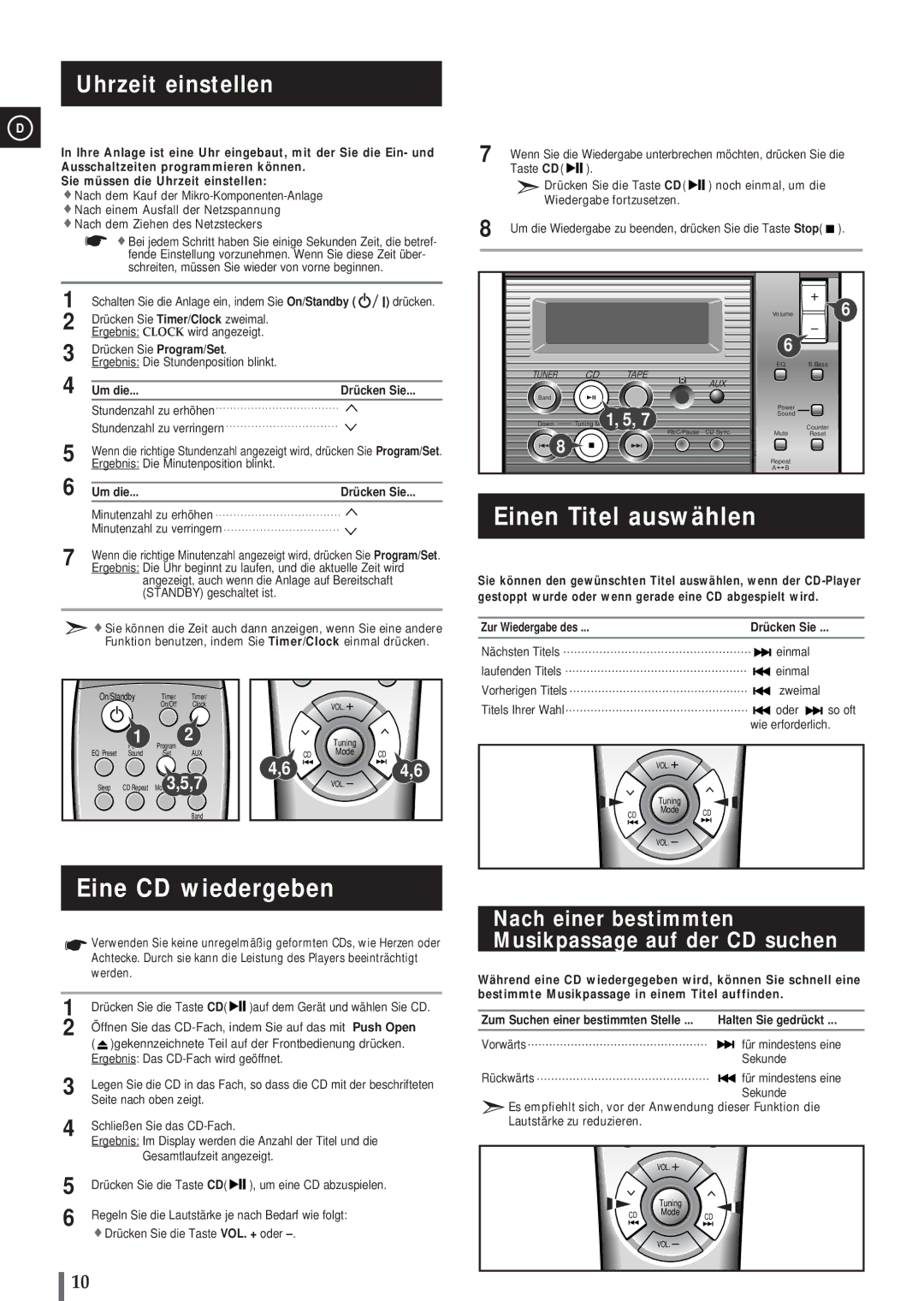 Samsung MM-B3, MMB3LH/ELS manual Eine CD wiedergeben, Einen Titel auswählen, Uhrzeit einstellen 