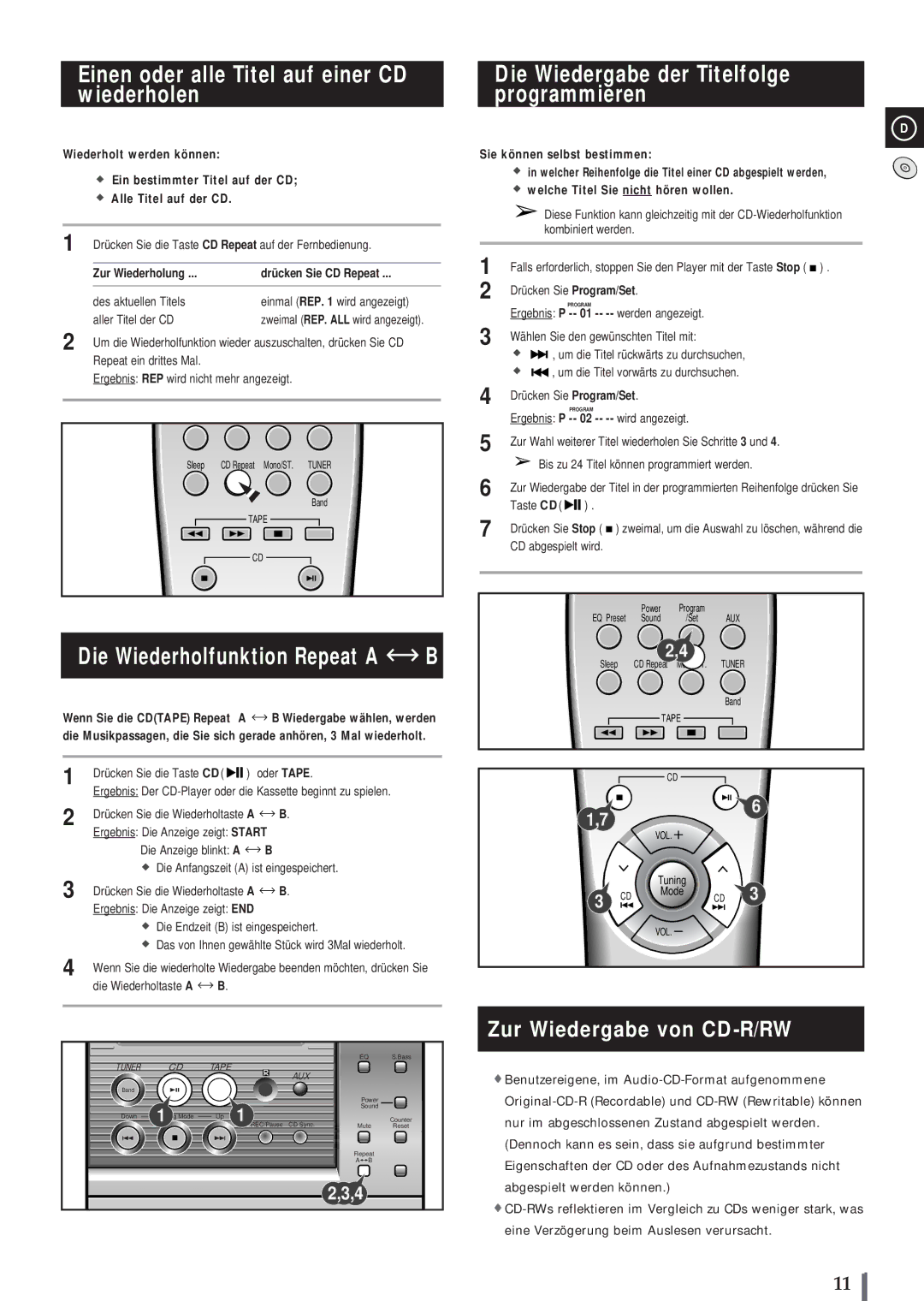 Samsung MMB3LH/ELS, MM-B3 manual Einen oder alle Titel auf einer CD wiederholen, Die Wiedergabe der Titelfolge programmieren 