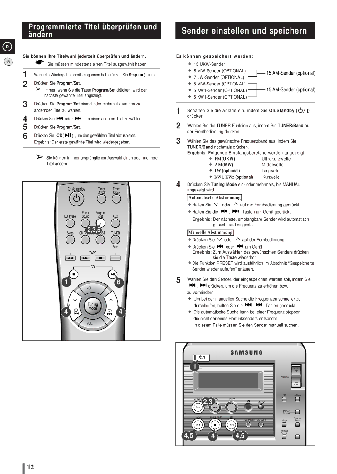 Samsung MM-B3 Sender einstellen und speichern, Programmierte Titel überprüfen und ändern, LW optional, KW1, KW2 optional 