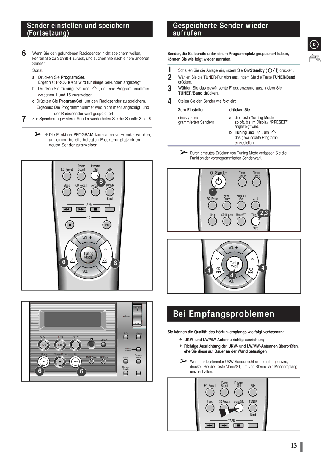 Samsung MMB3LH/ELS Bei Empfangsproblemen, Sender einstellen und speichern Fortsetzung, Gespeicherte Sender wieder aufrufen 