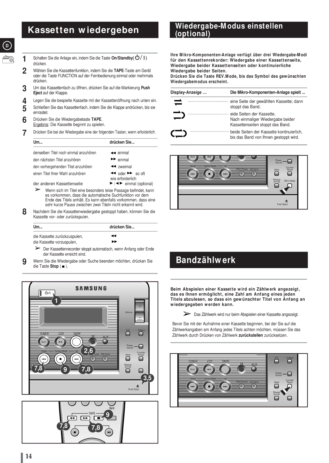 Samsung MM-B3, MMB3LH/ELS manual Kassetten wiedergeben, Bandzählwerk, Wiedergabe-Modus einstellen optional 