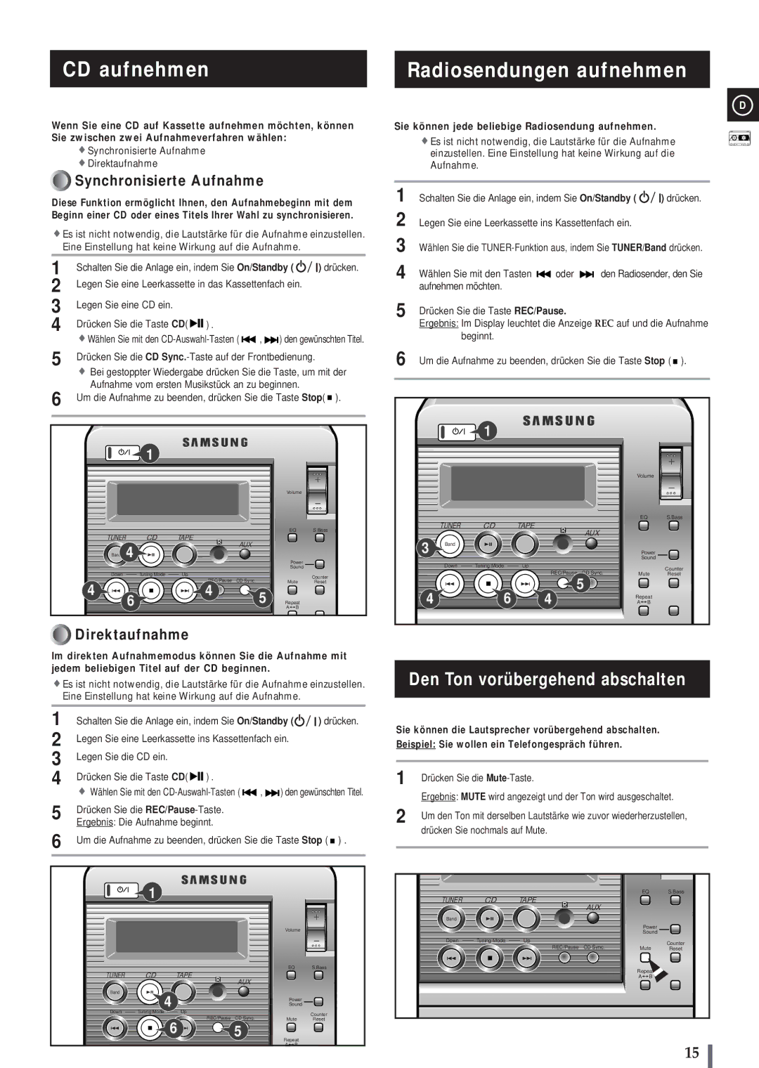 Samsung MMB3LH/ELS, MM-B3 manual CD aufnehmen, Radiosendungen aufnehmen, Den Ton vorübergehend abschalten 