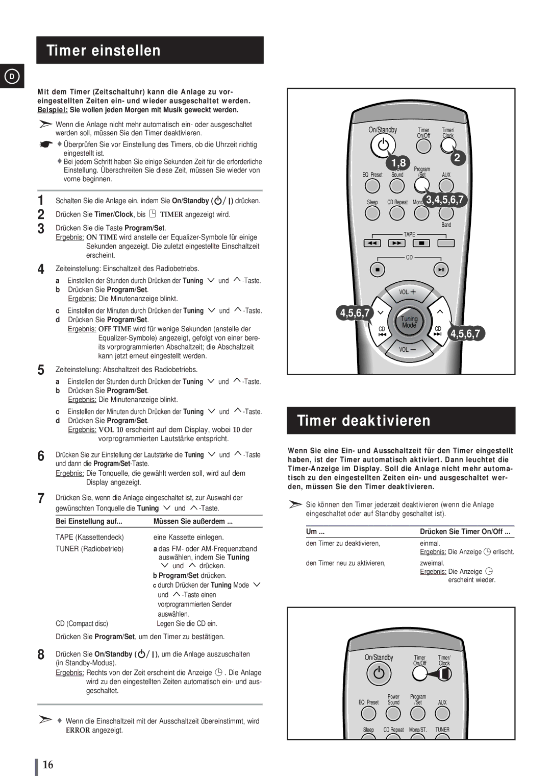 Samsung MM-B3 manual Timer einstellen, Timer deaktivieren, Bei Einstellung auf Müssen Sie außerdem, Program/Set drücken 