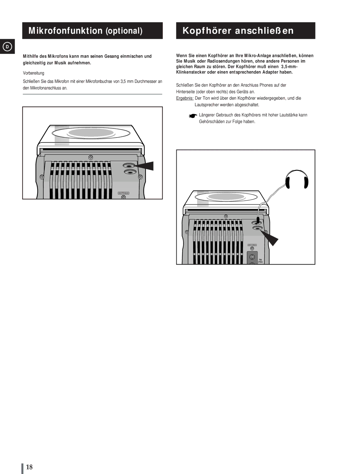 Samsung MM-B3, MMB3LH/ELS manual Mikrofonfunktion optional, Kopfhörer anschließen 