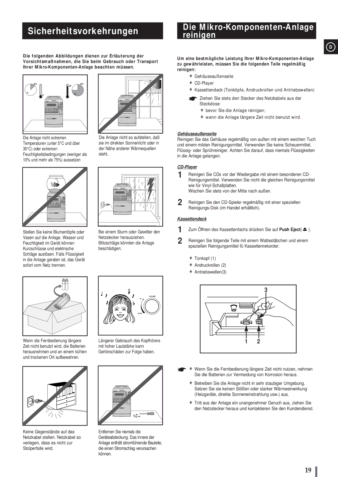 Samsung MMB3LH/ELS, MM-B3 manual Sicherheitsvorkehrungen, Die Mikro-Komponenten-Anlage reinigen 