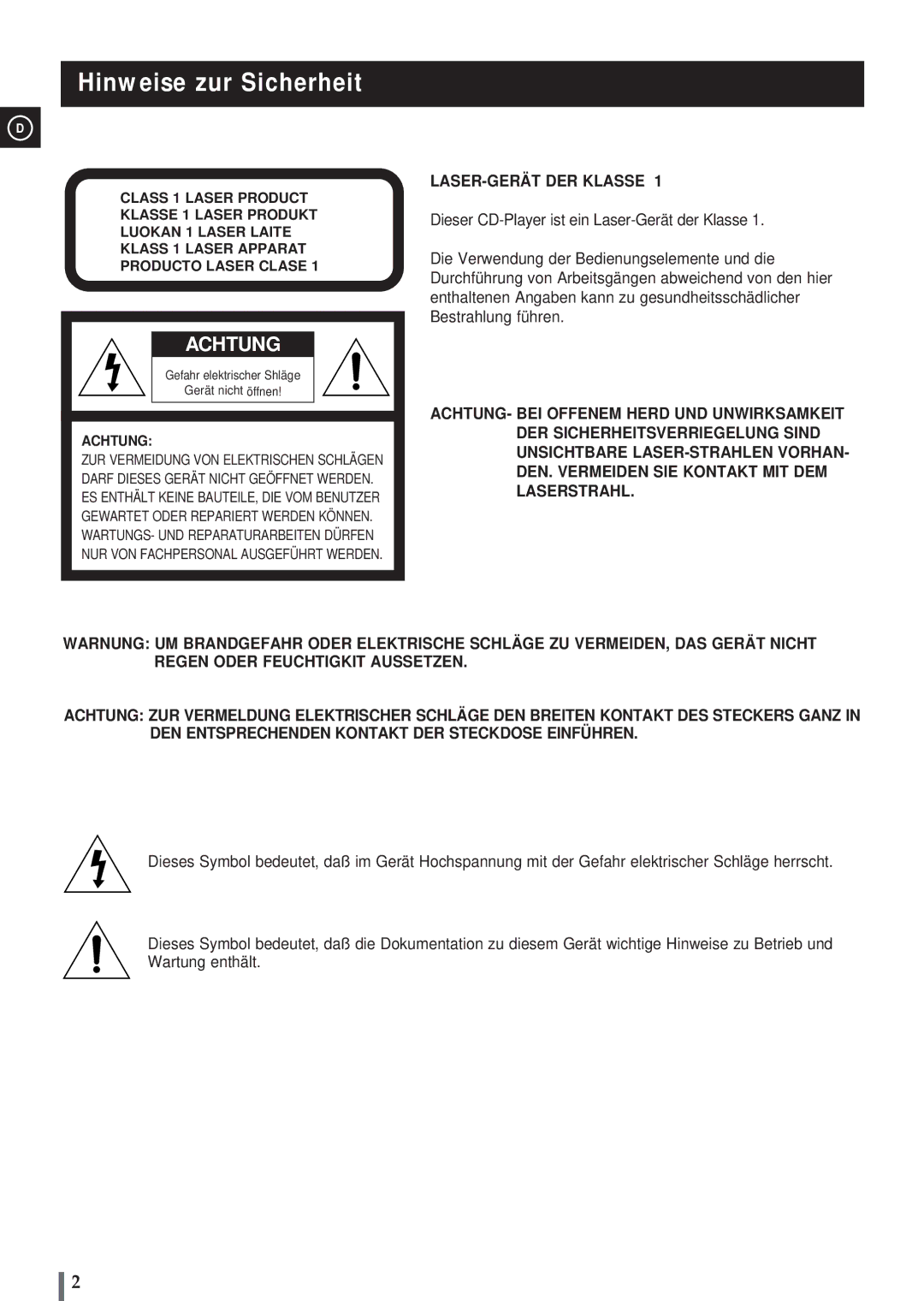 Samsung MM-B3, MMB3LH/ELS manual Hinweise zur Sicherheit, Gefahr elektrischer Shläge Gerät nicht öffnen 