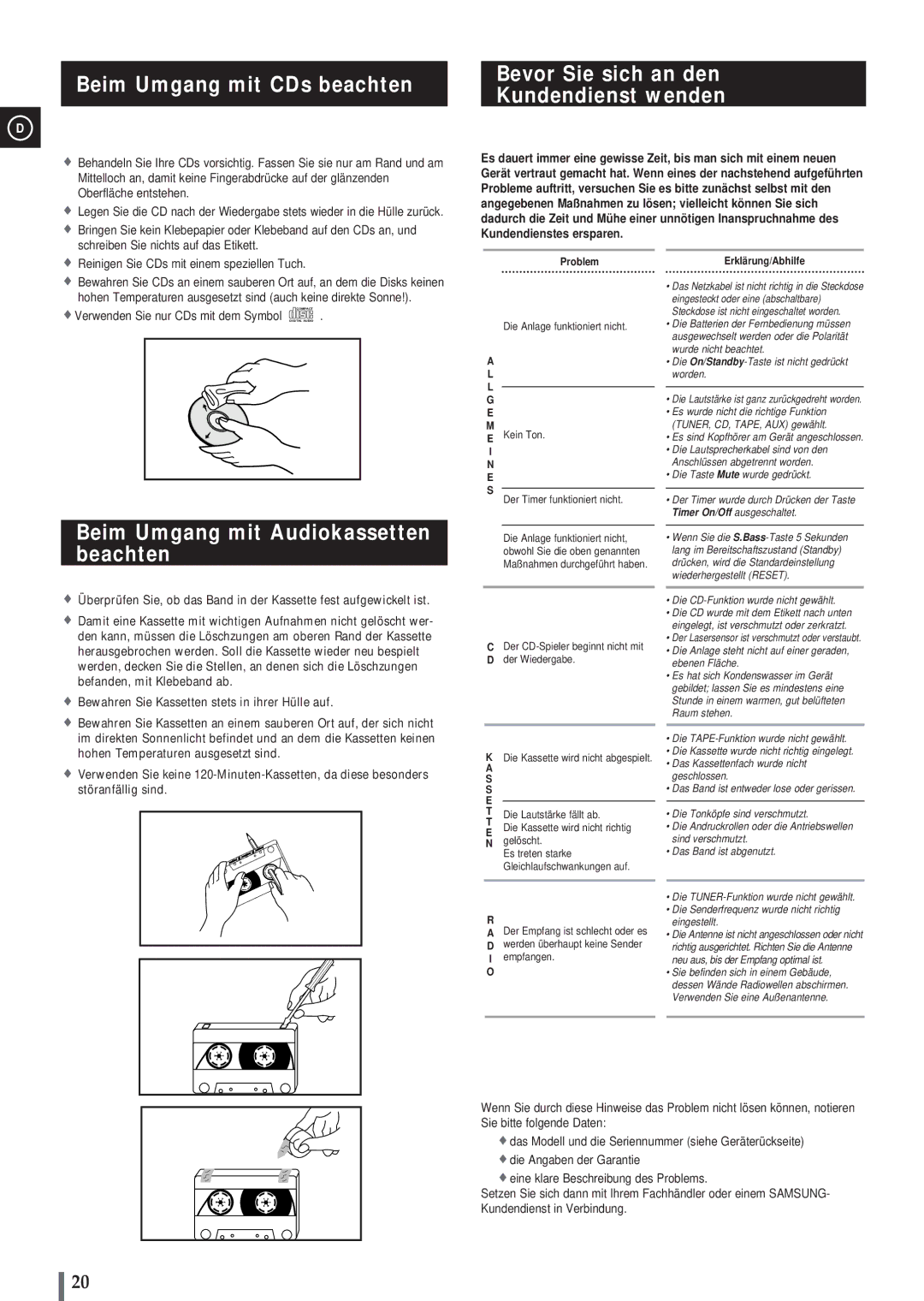 Samsung MM-B3, MMB3LH/ELS manual Beim Umgang mit CDs beachten, Bevor Sie sich an den Kundendienst wenden 