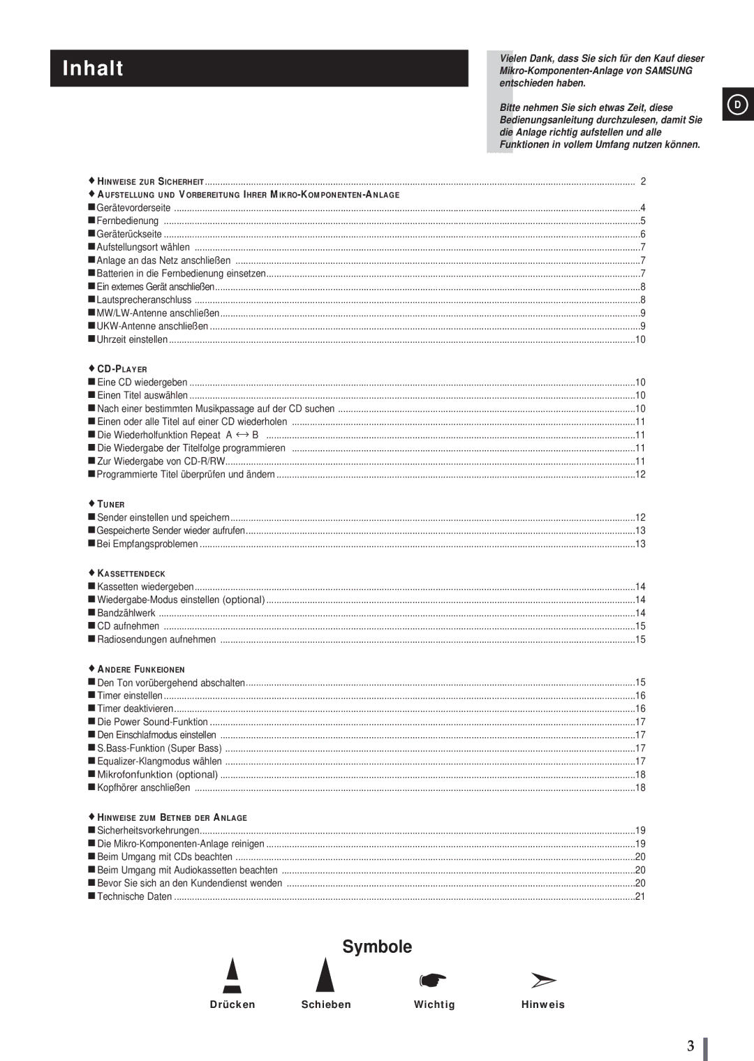 Samsung MMB3LH/ELS, MM-B3 manual Inhalt, Die Wiederholfunktion Repeat a, Drücken Schieben Wichtig Hinweis 