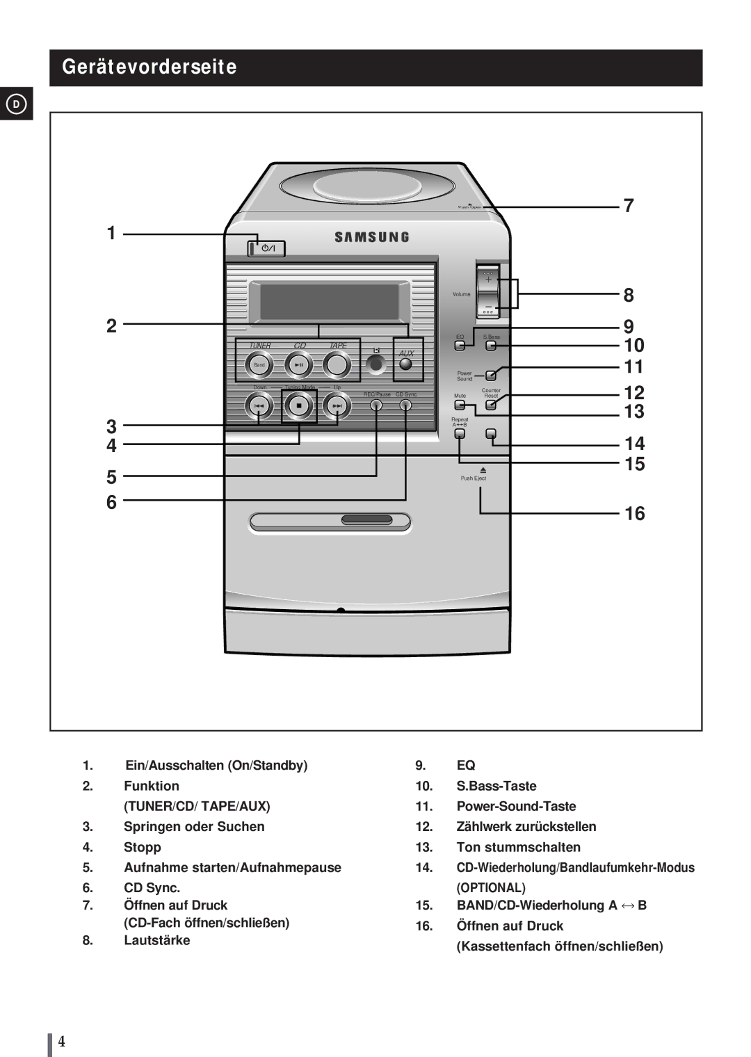 Samsung MM-B3, MMB3LH/ELS manual Gerätevorderseite, Tuner CD Tape AUX 